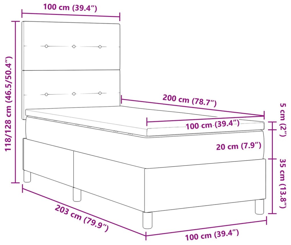 Boxspring Ágy Matrac & LED Sötétkék 100x200 cm Bársony