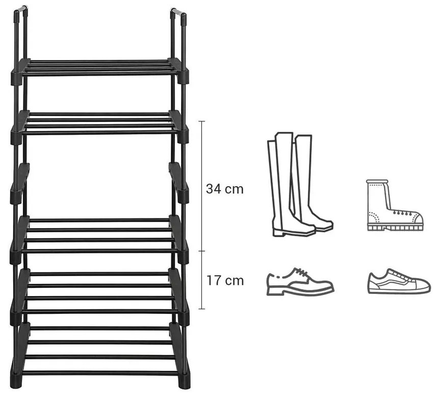 6 szintes cipőtartó, cipőtároló polc 106x45x30 cm, fekete