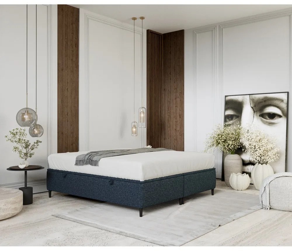 Sötétkék kárpitozott ágyneműtartós franciaágy 200x200 cm Tate – Maison de Rêve