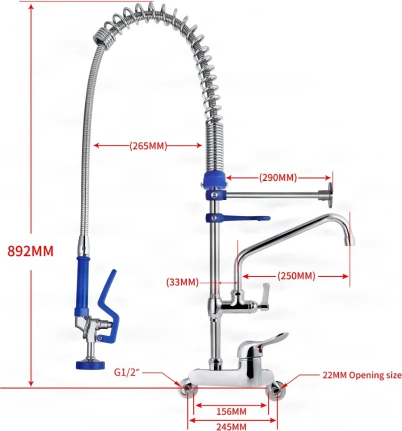 Professzionális mosogatócsaptelep ELITE EDITION PRO1399 fali kivitelben, kihúzható zuhanyfejjel, krómozott felülettel — 89 cm