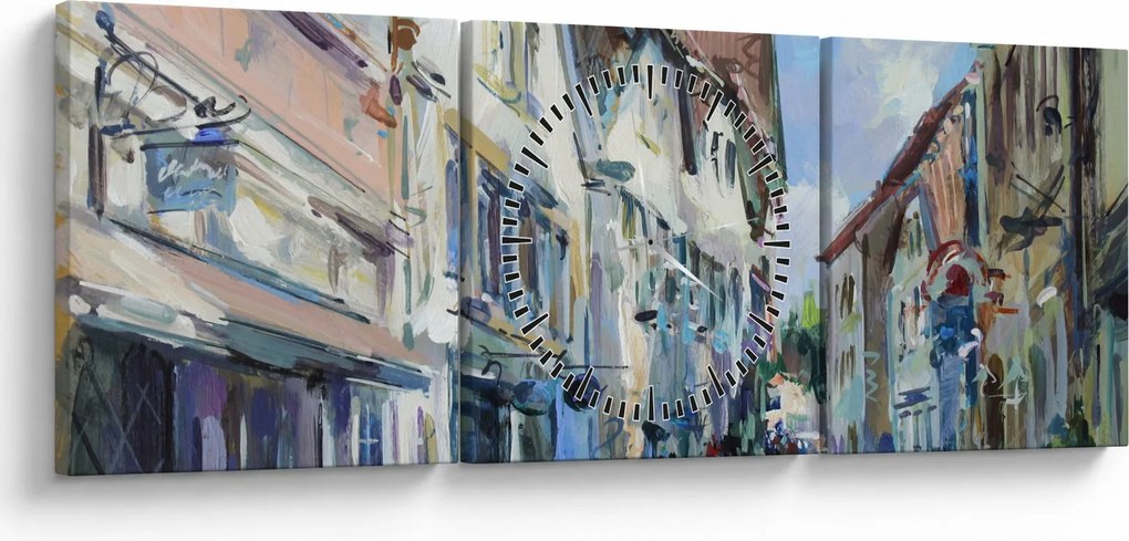 Kép - régi város sikátora, akril festmény (órával) (90x30 cm)