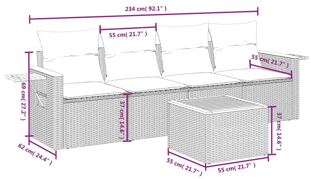 5 részes fekete polyrattan kerti kanapészett párnákkal