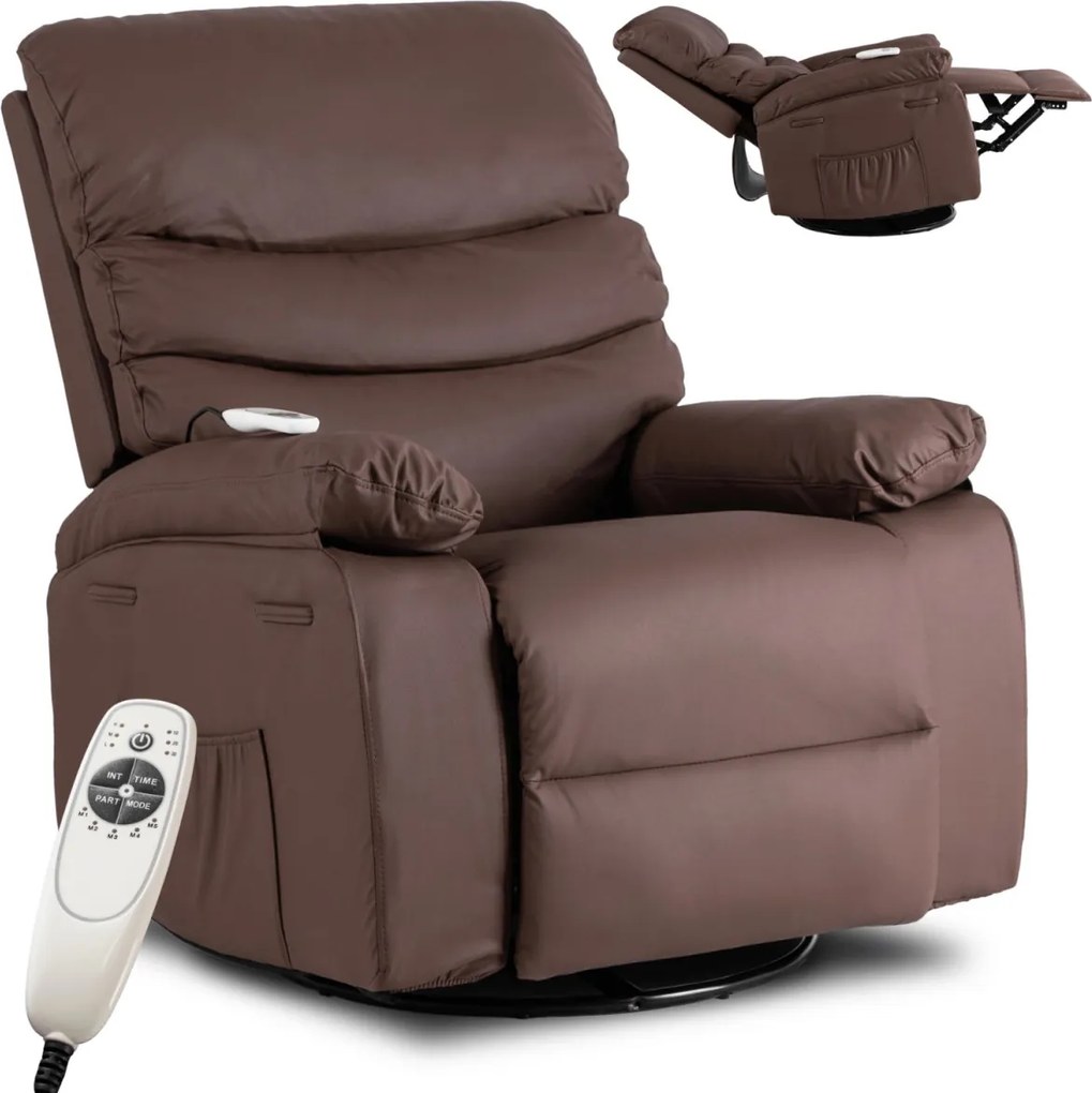 Masszírozós, hintafunkciós dönthető fotel barna színben, műbőr kárpittal BRUCE