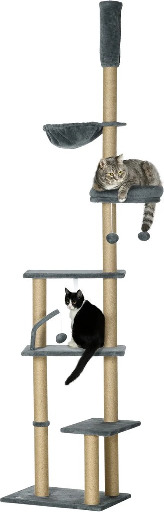 PawHut Mennyezetig Érő Macskafa 230-250cm Magasságban Állítható Macska Kaparófával Több Platformmal Kosarakkal Függőággyal és Hintalabdákkal Szürke |
