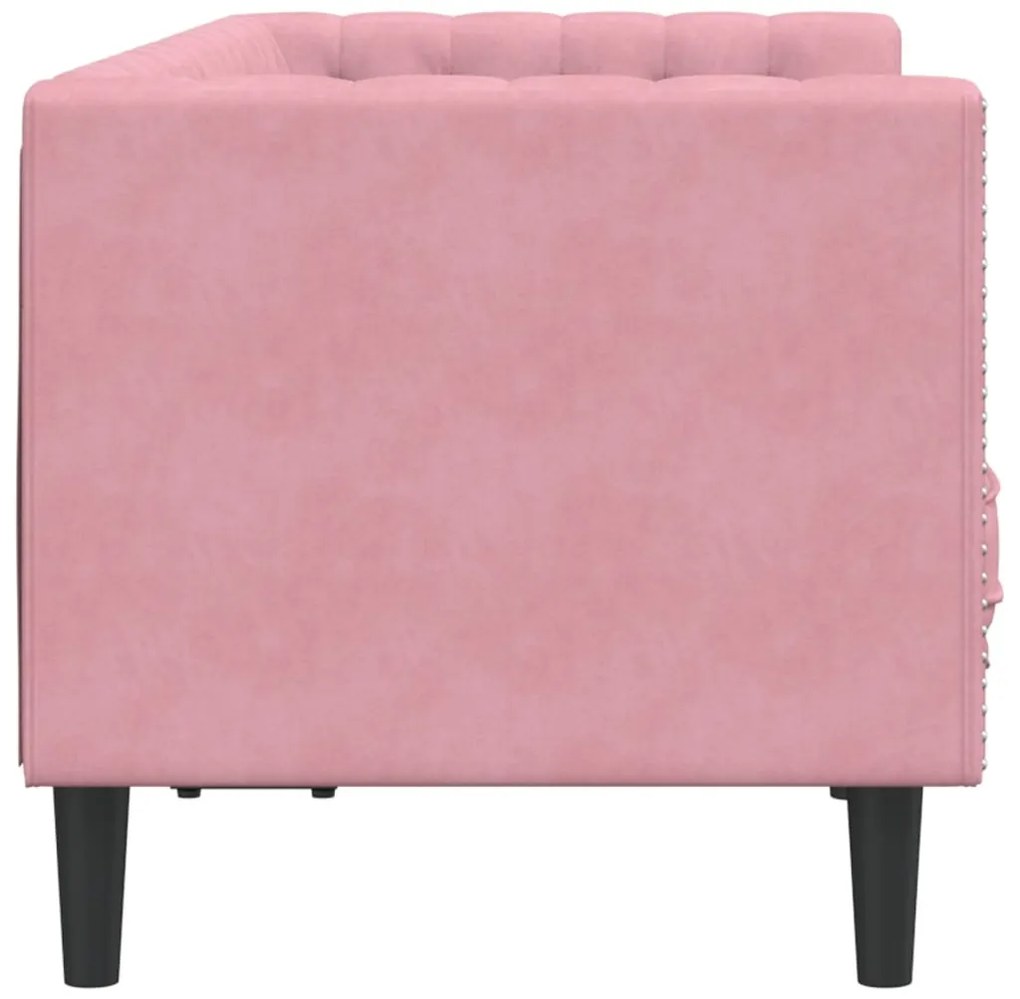 2 személyes rózsaszín bársony Chesterfield kanapé párnákkal