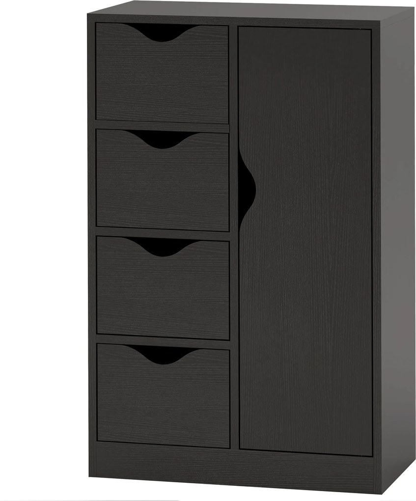 HOMCOM Modern Tároló Szekrény Oldaltálca 1 Szekrénnyel és 4 Fiókkal - Fa - Nappaliba, Konyhába, Előszobába, Étkezőbe - Fekete | Aosom