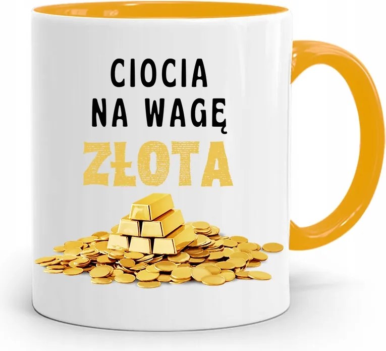 Sárga Bögre Ajándék Nagynéninek Arany Mérleggel, fényképes nyomtatással