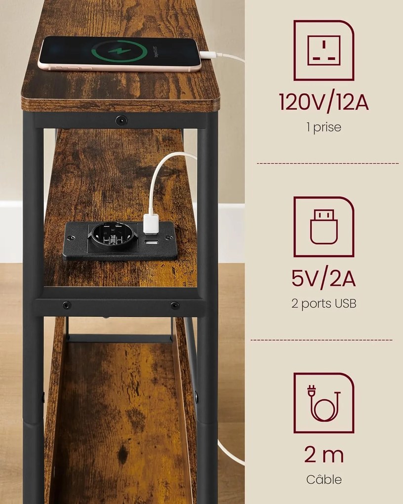 Keskeny oldal asztal töltő funkcióval 3 polcos, 18 x 45 x 58 cm rusztikus barna