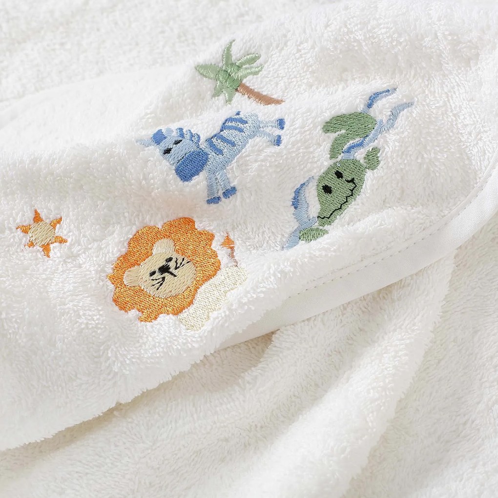 Goldea gyermek frottír fördőlepedő csuklyás - fehér alapon szafari 100 x 100 cm