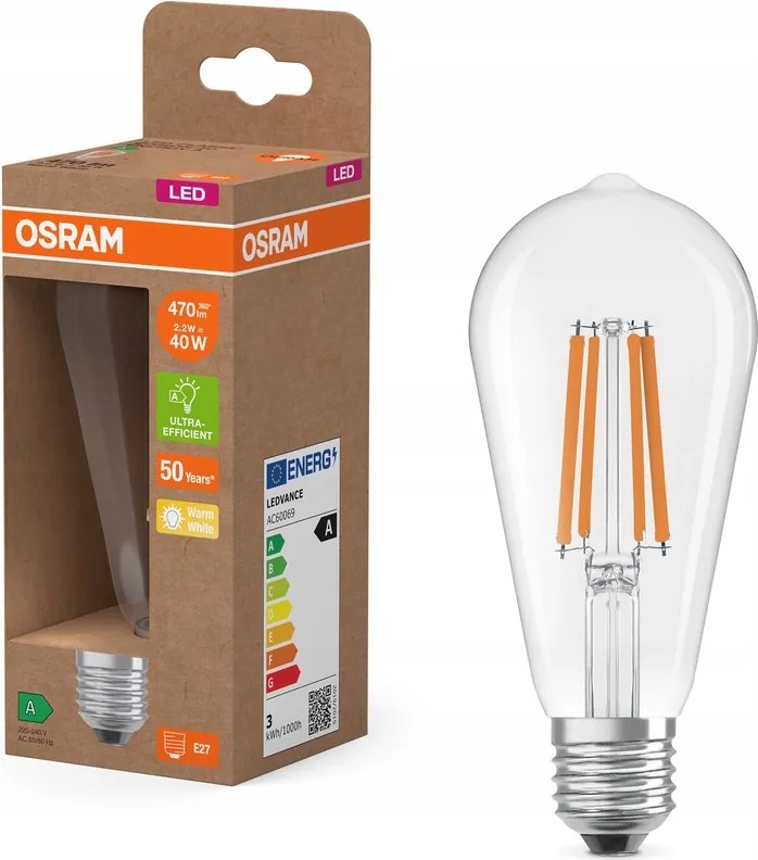 Led izzó ST64 E27 2,2W 40W 470lm 2700K Filament 214lm/W A osztály Osram