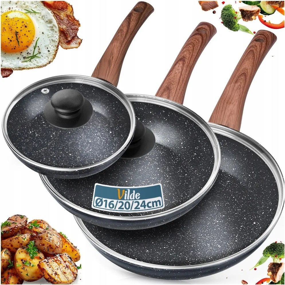 3x Gránit serpenyő pároló sütéshez szett fedővel 16 20 24 cm