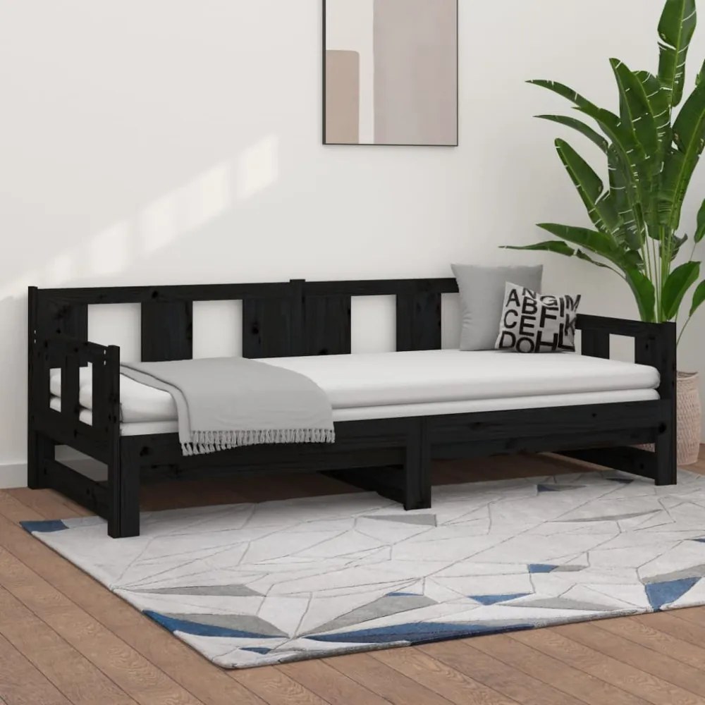 fekete tömör fenyőfa kihúzható kanapéágy 2 x (80 x 200) cm