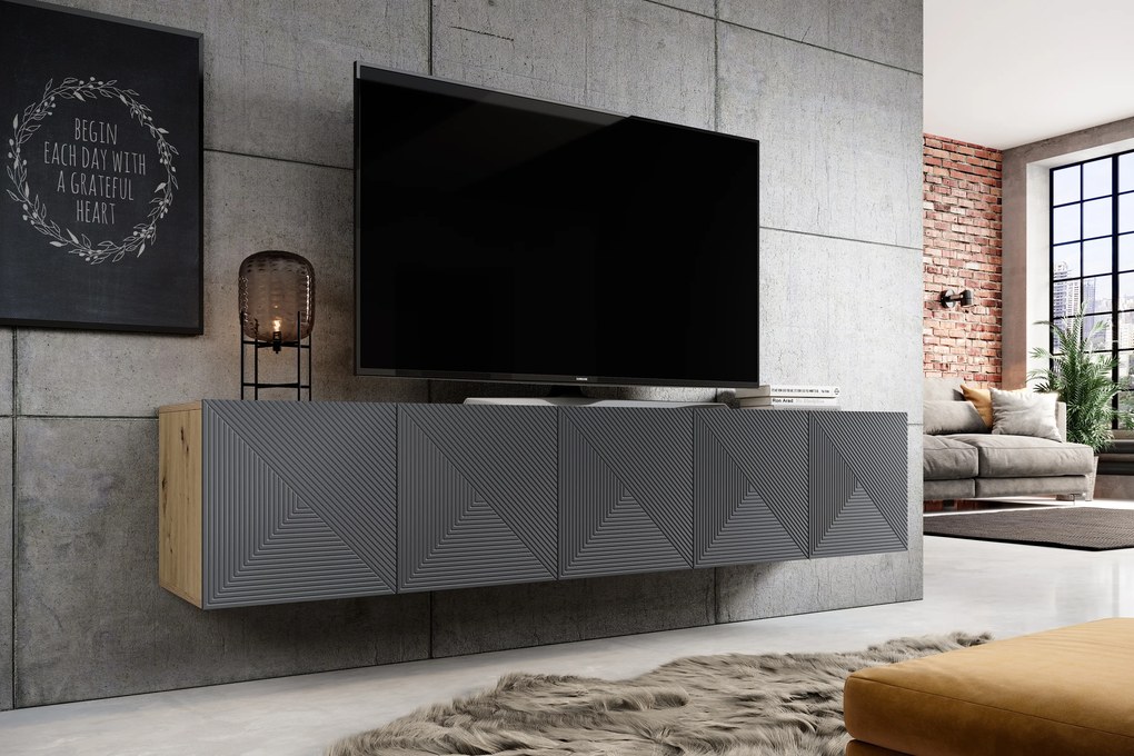 Asha fali bordázott frontos TV szekrény 200 cm - artisan tölgy / rivier stone matt