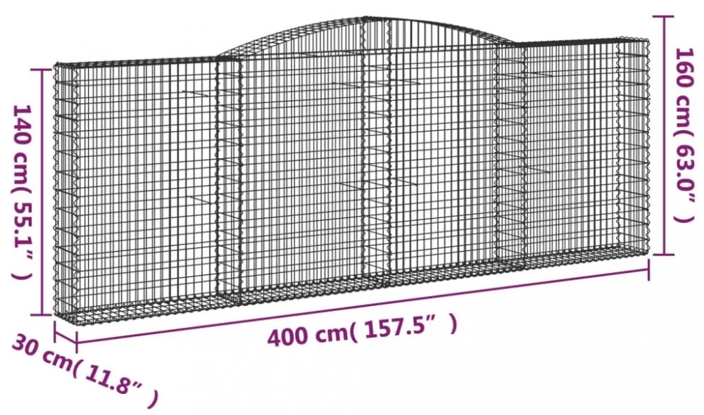 2 db íves horganyzott vas gabion kosár 400x30x140/160 cm