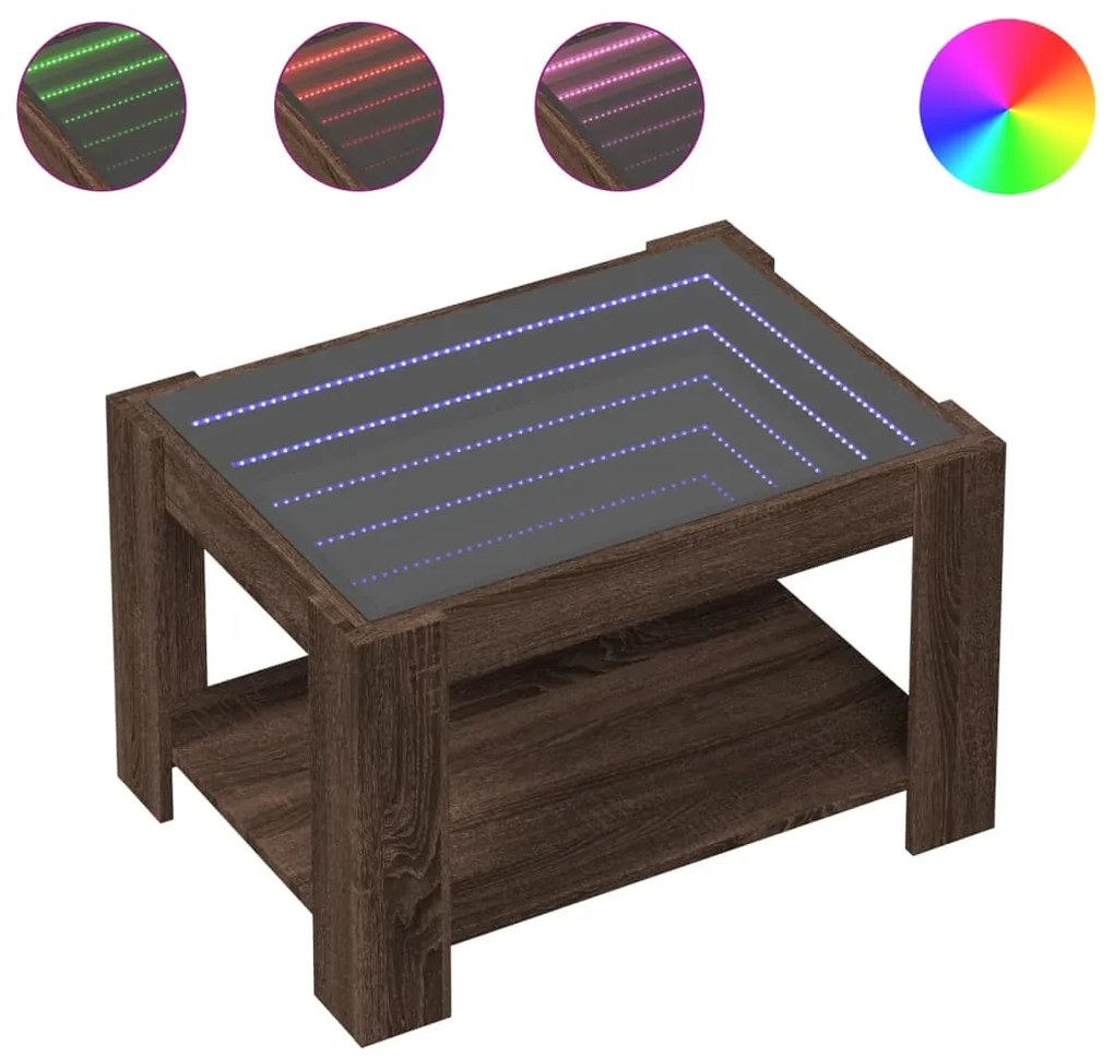 Barna tölgy szerelt fa dohányzóasztal LED-del 73 x 53 x 45 cm