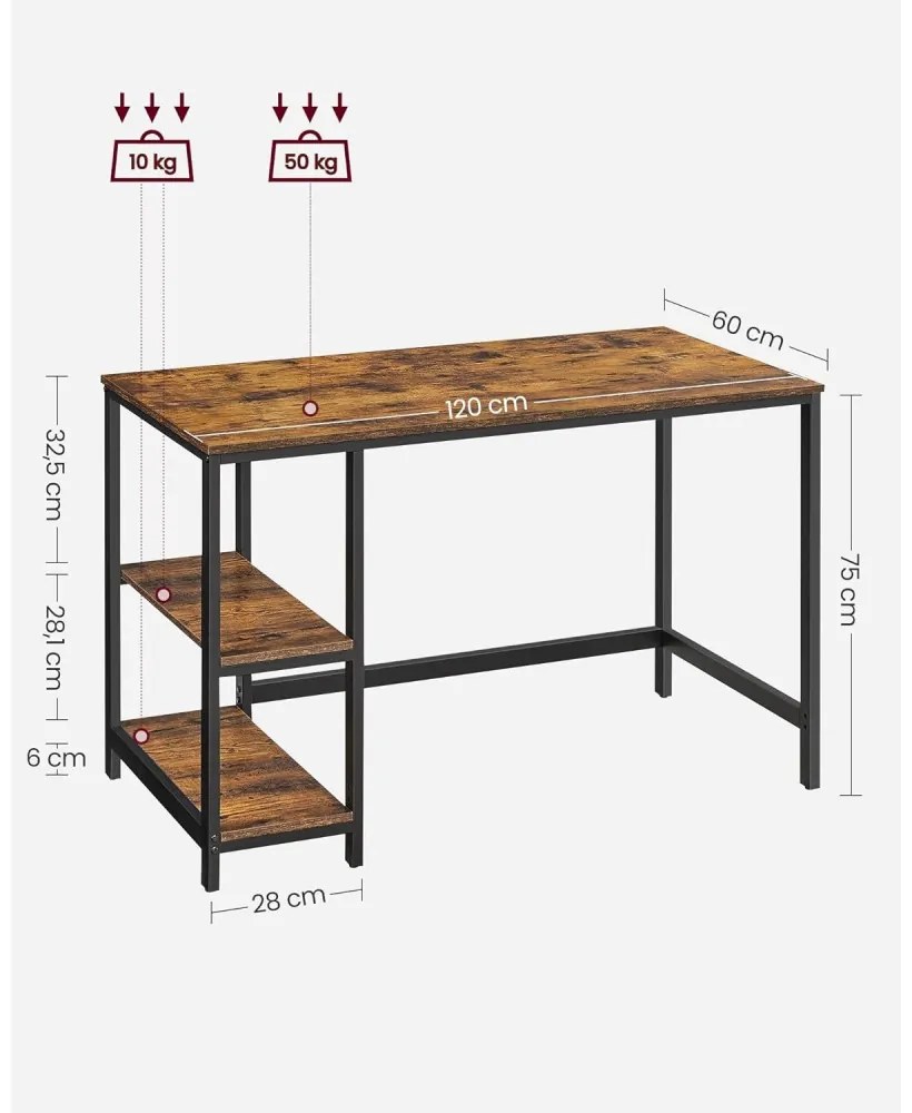 Íróasztal polcokkal, rusztikus barna 120x60x75cm