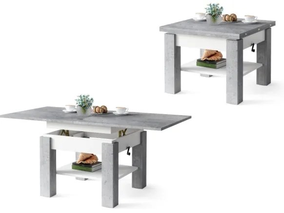 CALEB bővíthető dohányzó- és étkezőasztal emelhető asztallappal, beton szürke/fehér