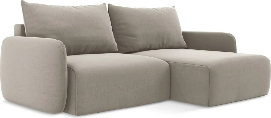 Szürkésbarna bársony kinyitható-tárolóhelyes sarokkanapé (jobb oldali-heverő résszel) Kalena – Makamii