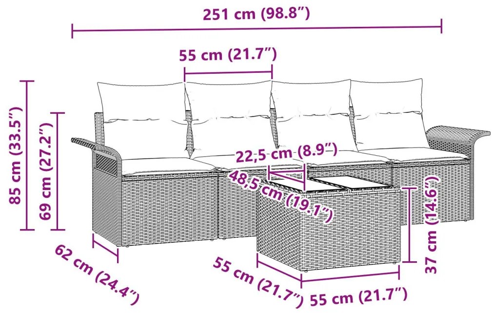 5 Darab Kert Kanapé Szett Párnákkal Szürke Poli Rattan