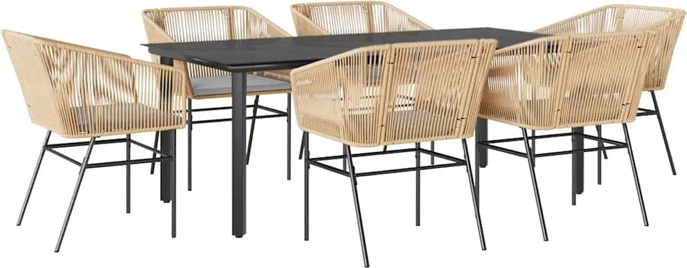 vidaXL 7 észes barna polyrattan üveg kerti étkezőgarnitúra párnával