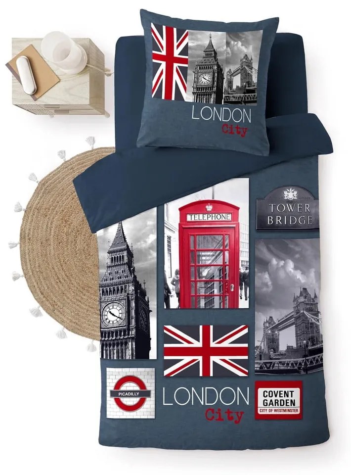 Sötétkék egyszemélyes pamut ágyneműhuzat 140x200 cm City London – douceur d'intérieur