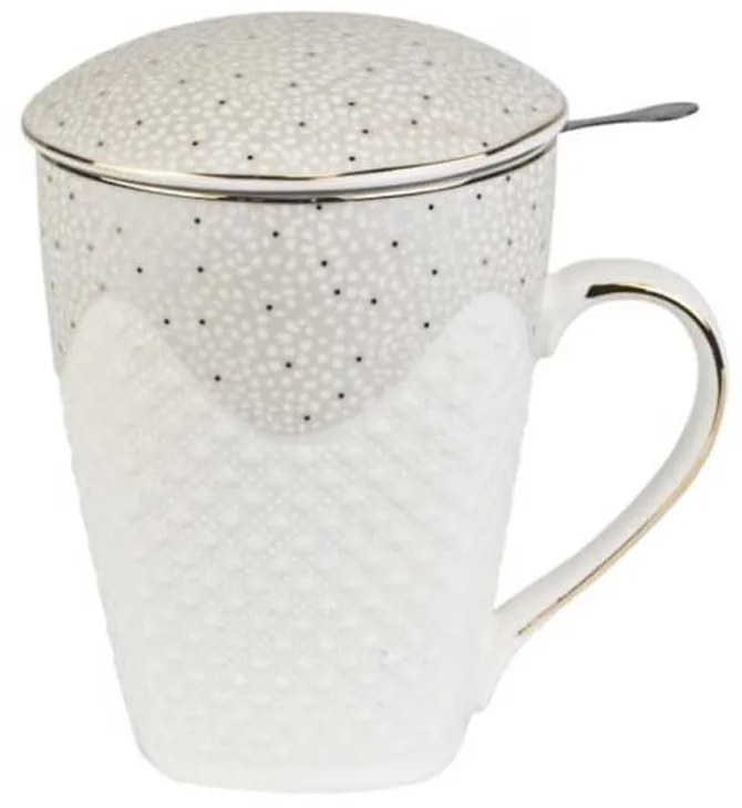 Porcelán teás bögre tetővel és fémszűrővel 430 ml pöttyös