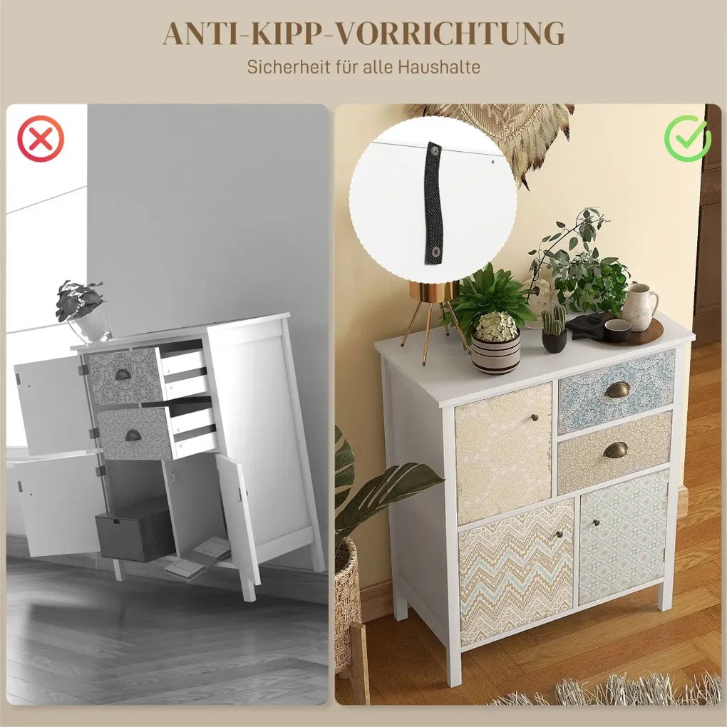 HOMCOM Tálalószekrény, shabby chic fiókos komód, 2 fiók, 3 szekrényrekesz, fenyőfa, fehér