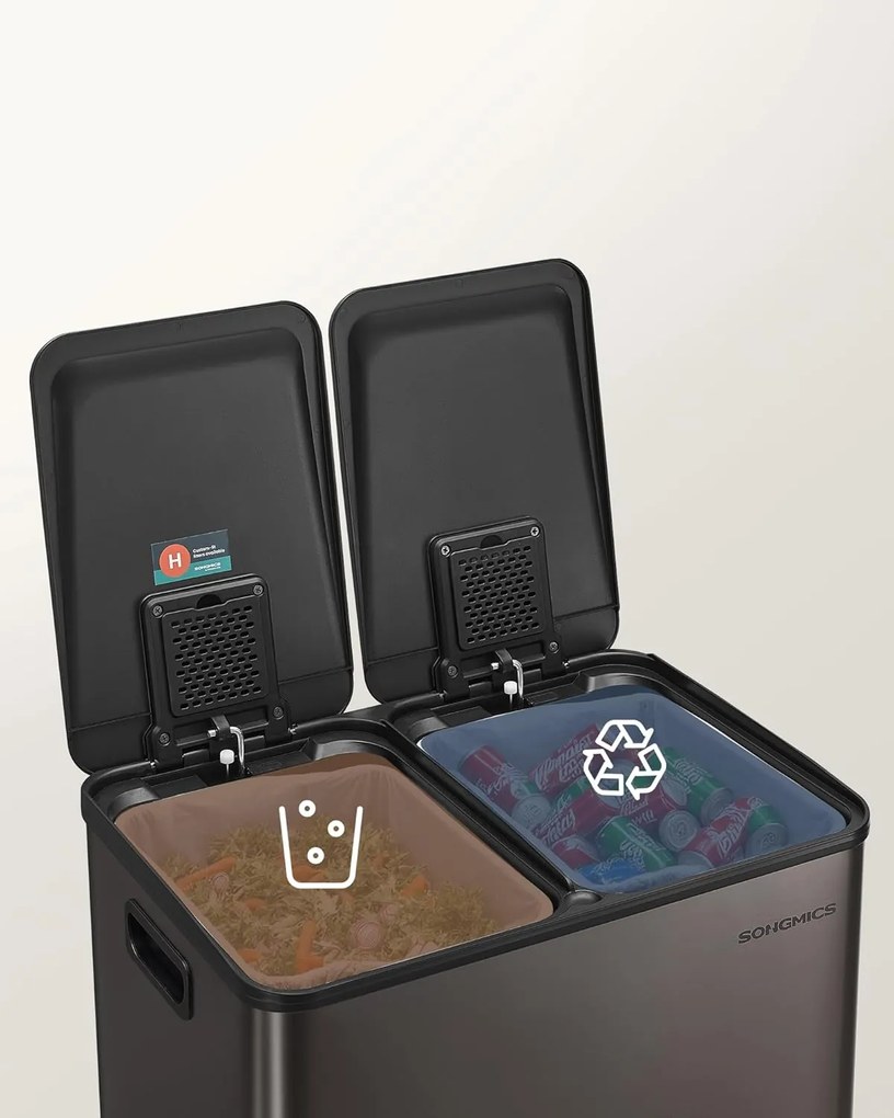 SONGMICS szelektív konyhai szemetes, 2 x 30 L, lágy záródás, palaszürke