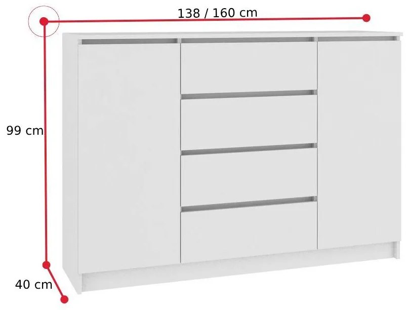ARMARIA K140 2D4SZ komód, 138x99x40, fehér/metalik magasfényű