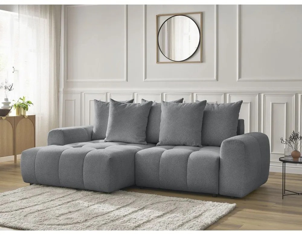 Szürke zsenília kinyitható-tárolóhelyes sarokkanapé (bal oldali-heverő résszel) Roxelane – Bobochic Paris