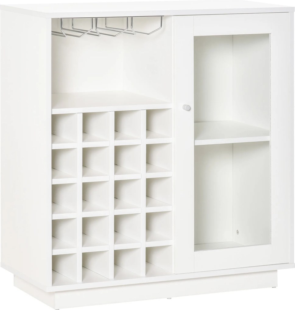 HOMCOM Borospalack Tartó Üveg Tartóval és Szekrénnyel, 20 Borospalackhoz, Üvegajtós Boroszekrény, 80x36x85 cm, Fehér | Aosom