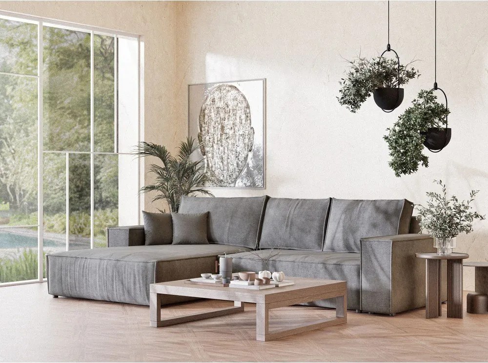 Szürke zsenília kinyitható-tárolóhelyes sarokkanapé (bal oldali-heverő résszel) Maze – Maison de Rêve