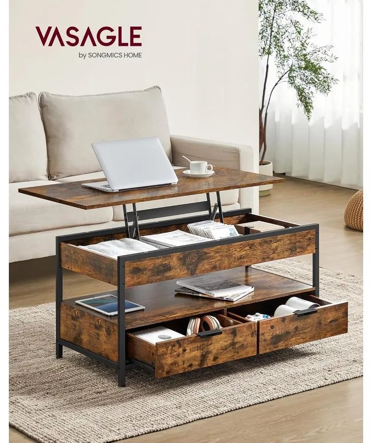 VASAGLE felnyitható fedelű dohányzóasztal rusztikus barna és tintafekete színben