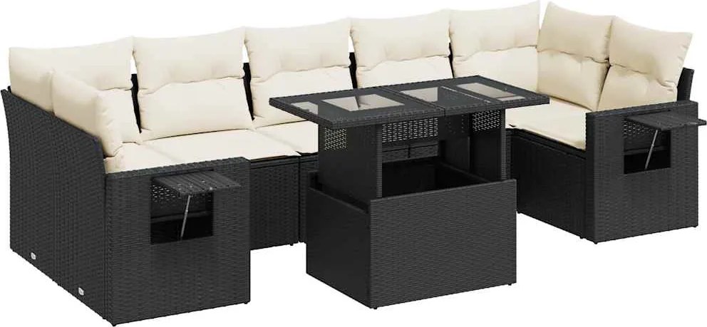 vidaXL 8 részes fekete polyrattan kerti ülőgarnitúra párnákkal