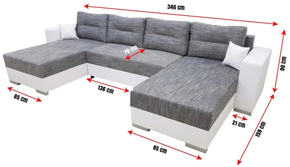 RONNY U ágyazható ülőgarnitúra, 346x90x159, berlin 01/fehér öko-bőr