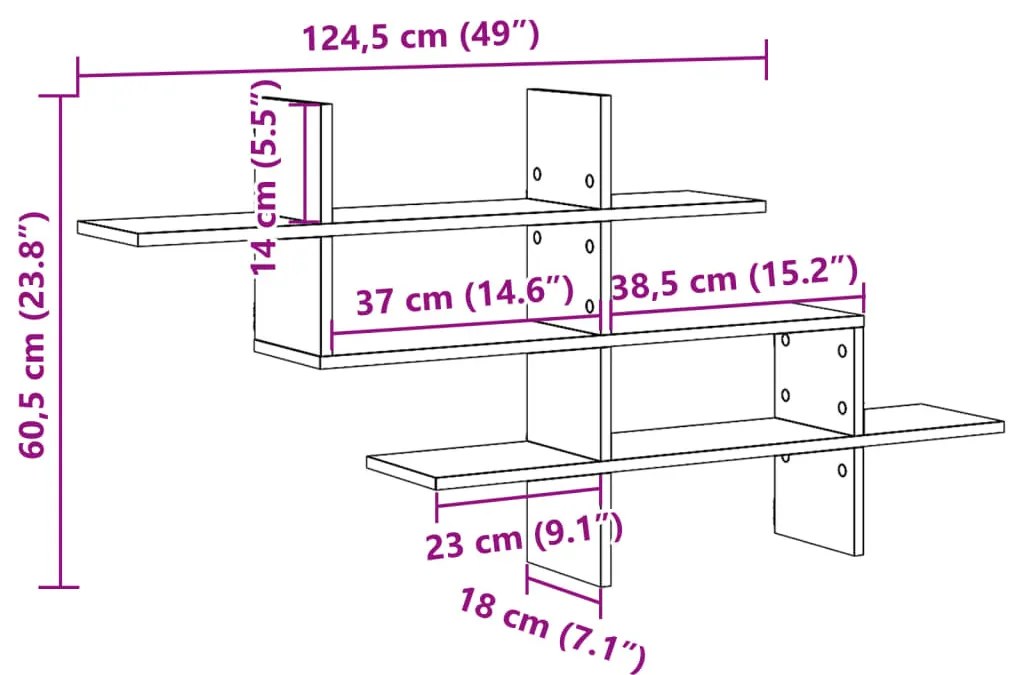 betonszürke szerelt fa fali polc 124,5 x 18 x 60,5 cm