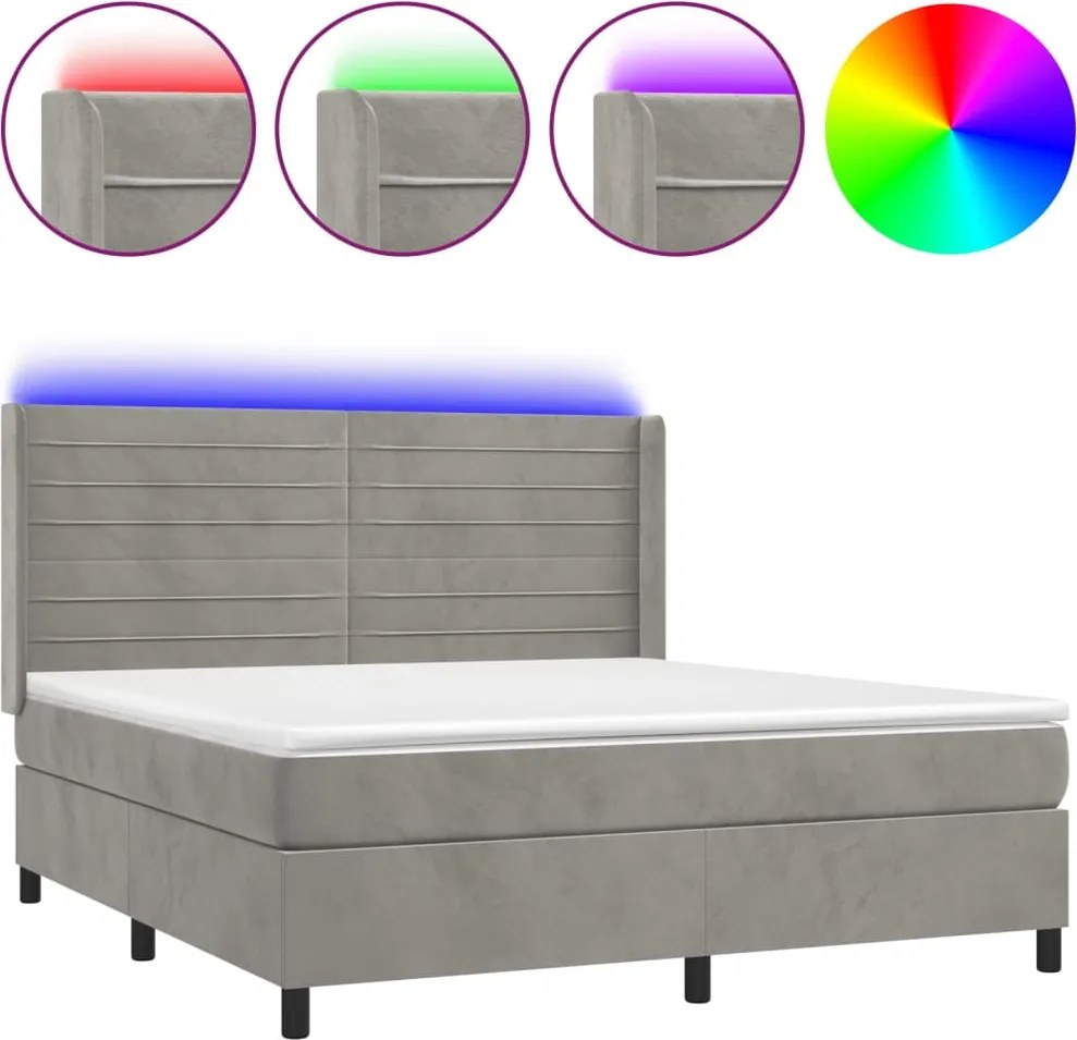 vidaXL világosszürke bársony rugós és LED-es ágy matraccal 180x200 cm