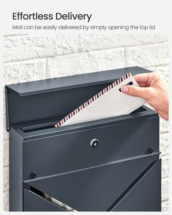 SONGMICS Falra Szerelhető Postaláda Újságtartóval és Zárral, Antracitszürke