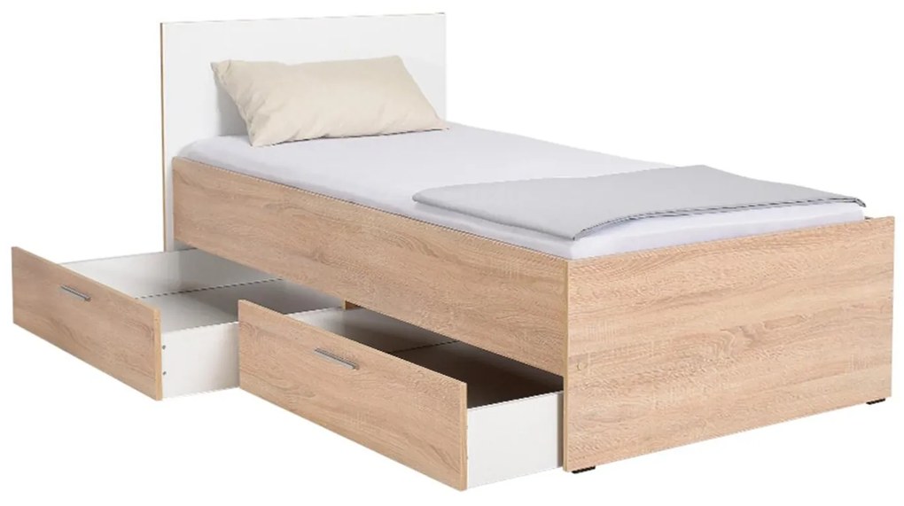 Egyszemélyes ágy 90 cm Vobima 2 (szonoma tölgy + fehér) (ágyráccsal) (tárolóhellyel). 1094834