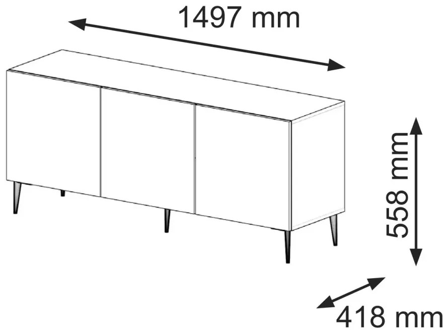 TV Szekrény 150 cm. Fényes Fekete Front, Matt Fekete Test, Arany Színű Lábakkal Ravenna C Diamond