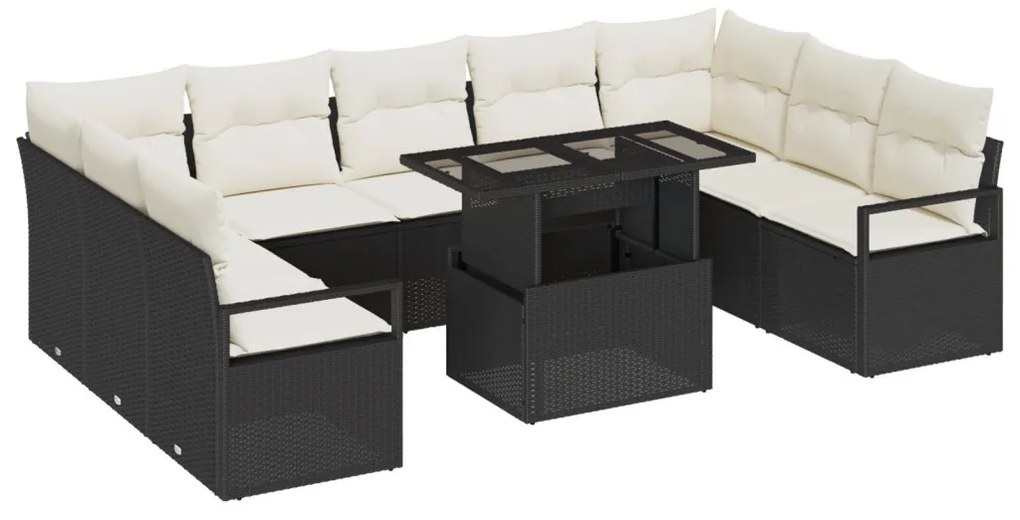 10 darabos kertiszófa szett párnákkal fekete poli rattan, 2 személyes kertiszófa párnákkal fekete poli rattan