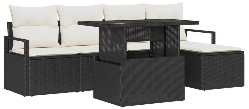 6 Részes Kerti Sofa Szett Párnákkal Fekete Poli Rattan, 2-Fős Kerti Sofa Tárolóval &amp; Párnákkal Fekete Poli Rattan