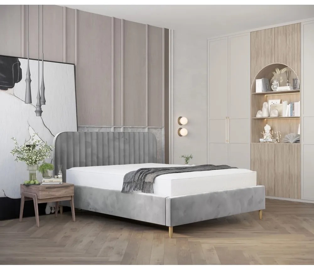 Szürke kárpitozott ágyneműtartós franciaágy ágyráccsal 180x200 cm Noto – Maison de Rêve