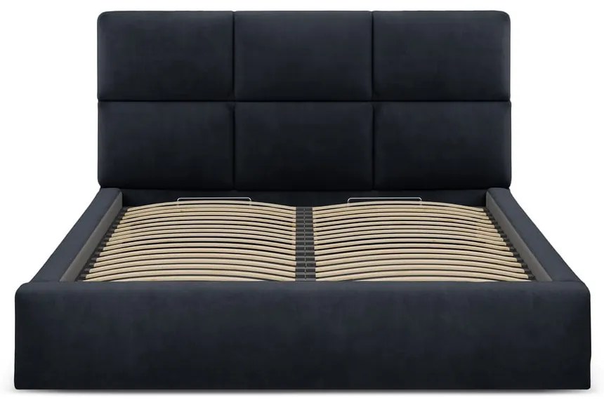 Sötétkék kárpitozott ágyneműtartós franciaágy ágyráccsal 200x200 cm Libera – Windsor &amp; Co Sofas