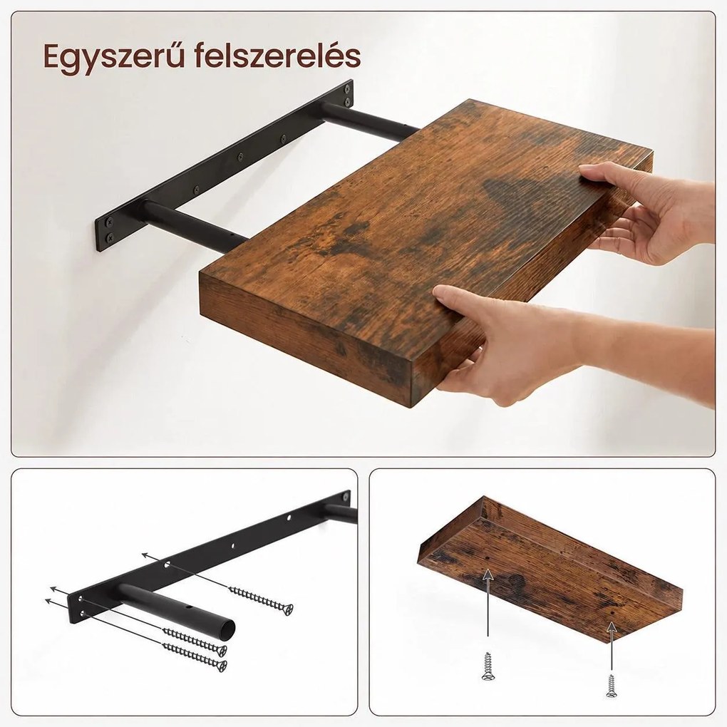 ASAGLE lebegő fali polc rejtett konzollal, 80 x 20 cm, max. 15 kg, rusztikus barna