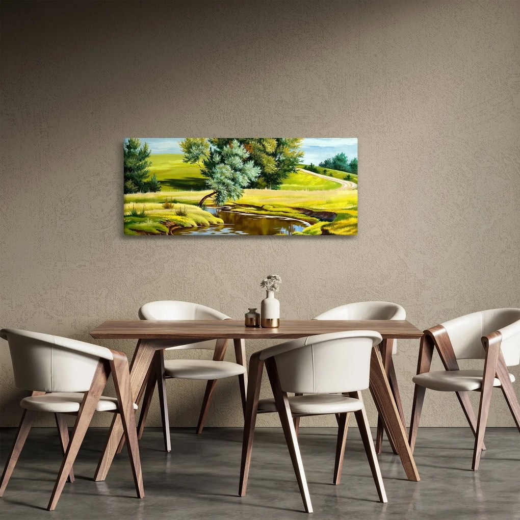 Kép - folyó a rétek között,, olajfestmény (120x50 cm)