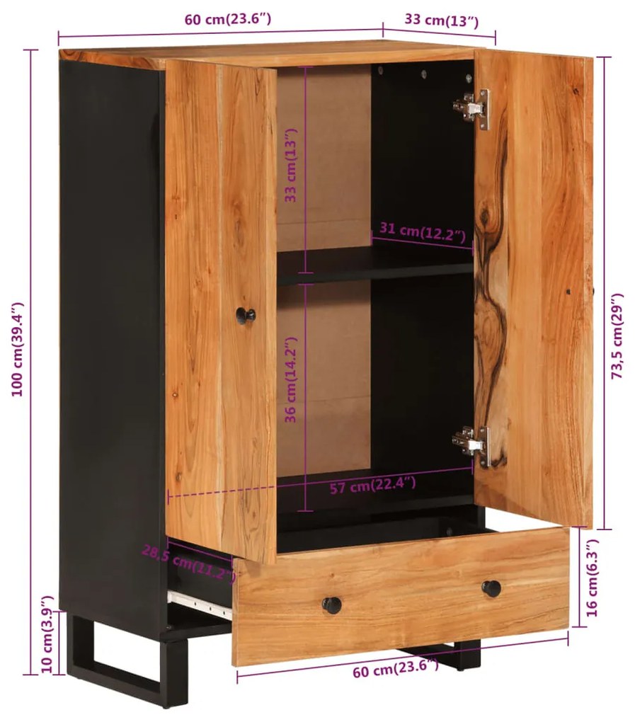 tömör akácfa és vas magasszekrény fiókkal 60x33x100 cm