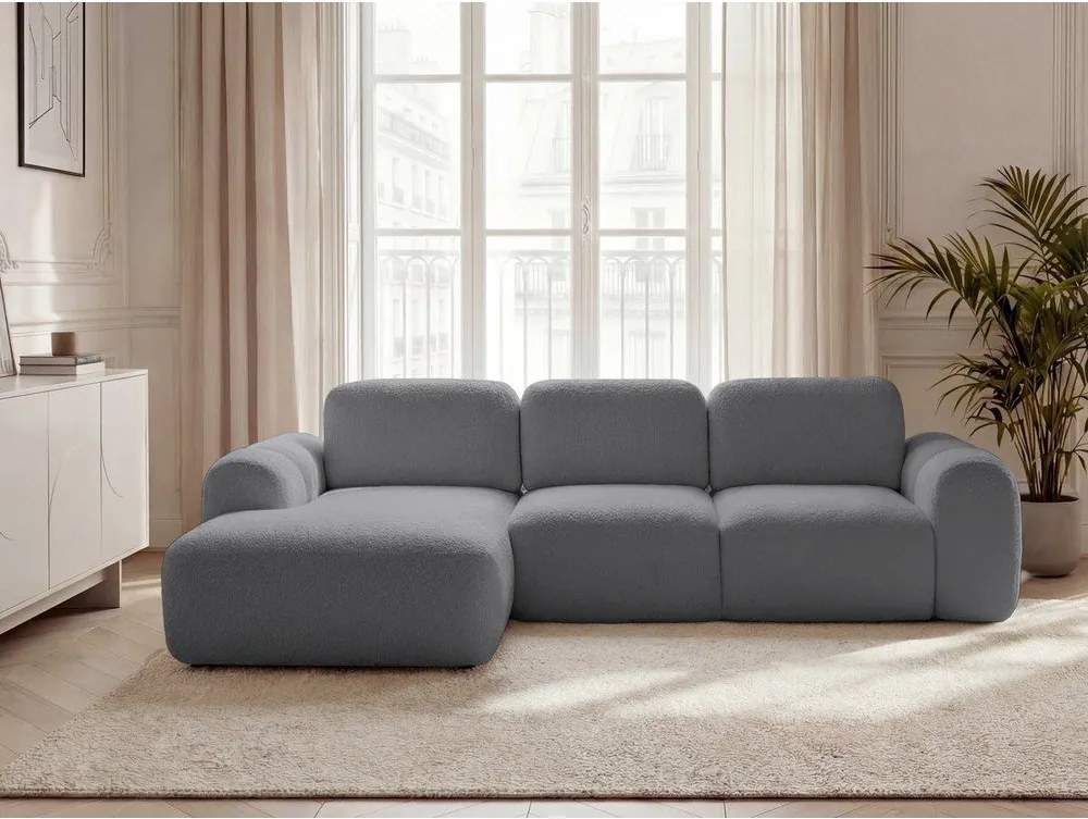 Szürke buklé kinyitható-tárolóhelyes sarokkanapé (bal oldali-heverő résszel) Montaigne – Bobochic Paris