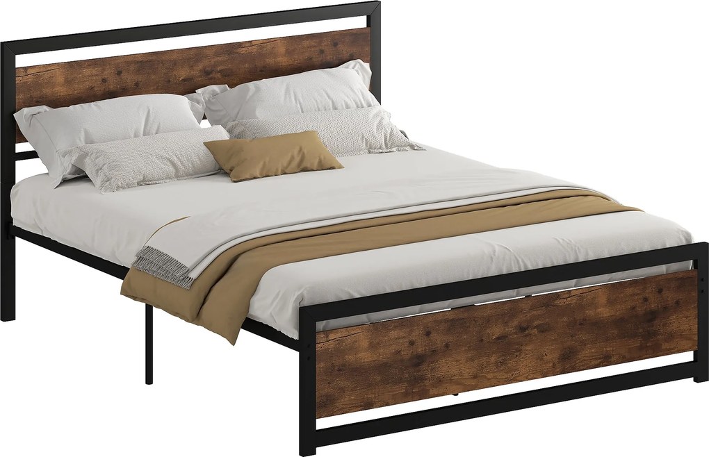 HOMCOM 167x208x103 cm-es Fa és Acél Franciaágy Keret Integrált Rácsokkal és Ipari Stílusú Fővégével, Fekete és Rusztikus Barna | Aosom