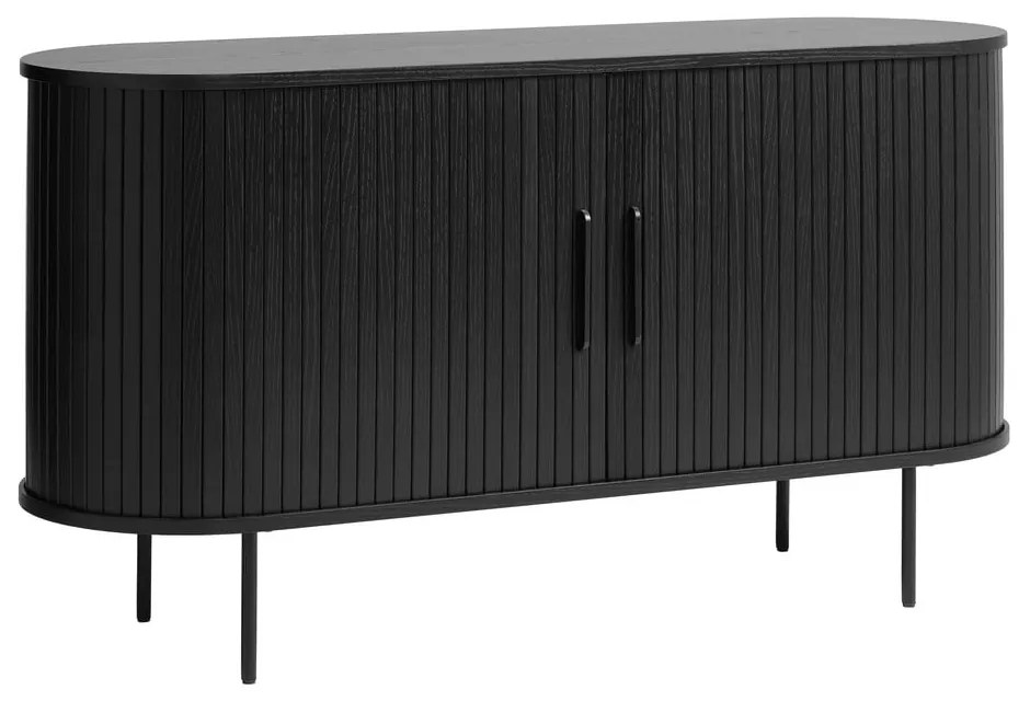 Fekete alacsony komód tolóajtóval, tölgyfa dekorral 140x76 cm Nola – Unique Furniture